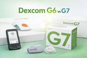 Dexcom G6 and Dexcom G7 CGM sensors compared side by side in 2026
