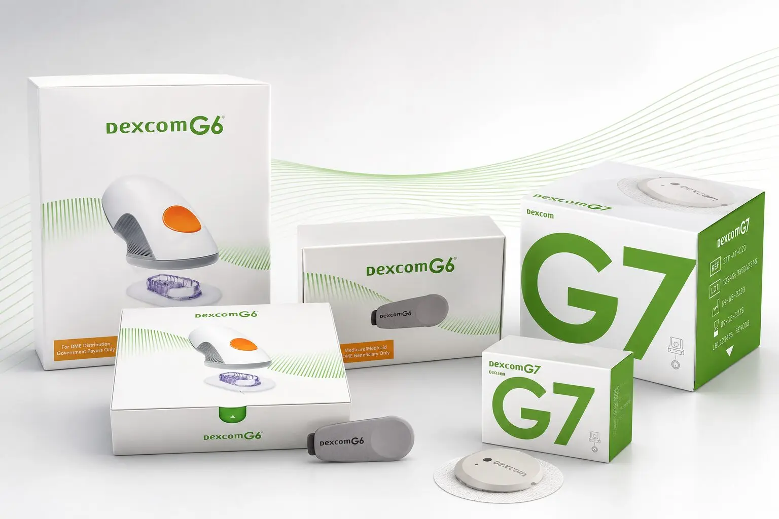 Dexcom G6 vs G7 CGM systems showing differences in sensor design, size, and features